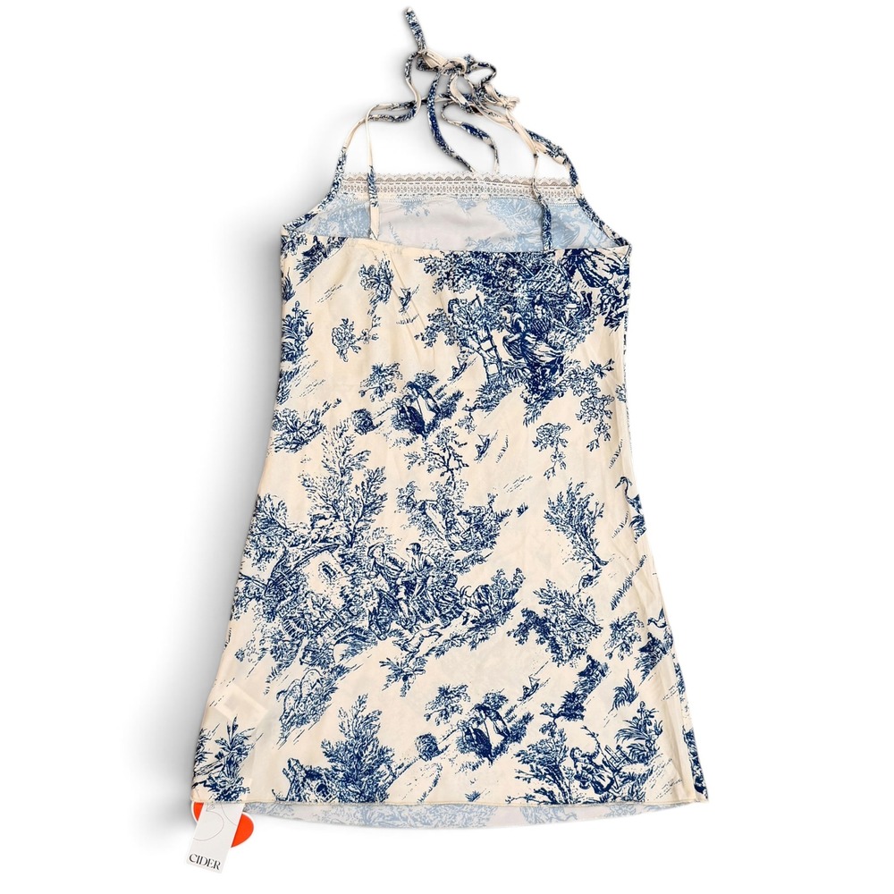 Cider Toile De Jouy Mini Dress Blue Cream Tie Strap Lace Trim Satin Womens Small - Picture 4 of 7